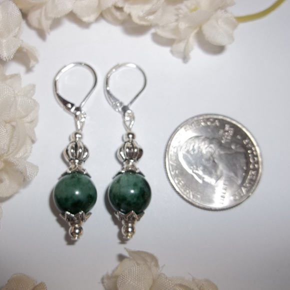 Green & Silver Beaded Earrings Pair Handmade 4838 - Picture 2 of 8